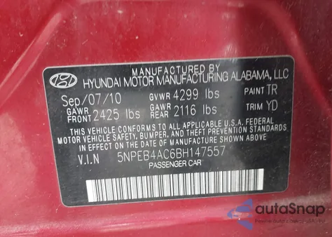 2011 Hyundai Sonata Gls из США, поврежденный, VIN 5NPEB4AC6BH147557